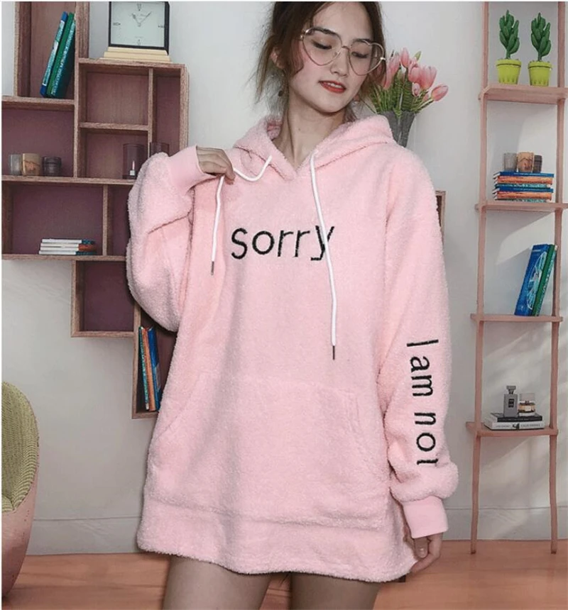 B Pink SZMALL, новинка, популярная зимняя теплая шерстяная толстовка с капюшоном для женщин, с буквенным принтом, флис, длинный рукав, свободная толстовка с капюшоном, пуловеры, женские топы, одежда - Цвет: B Pink