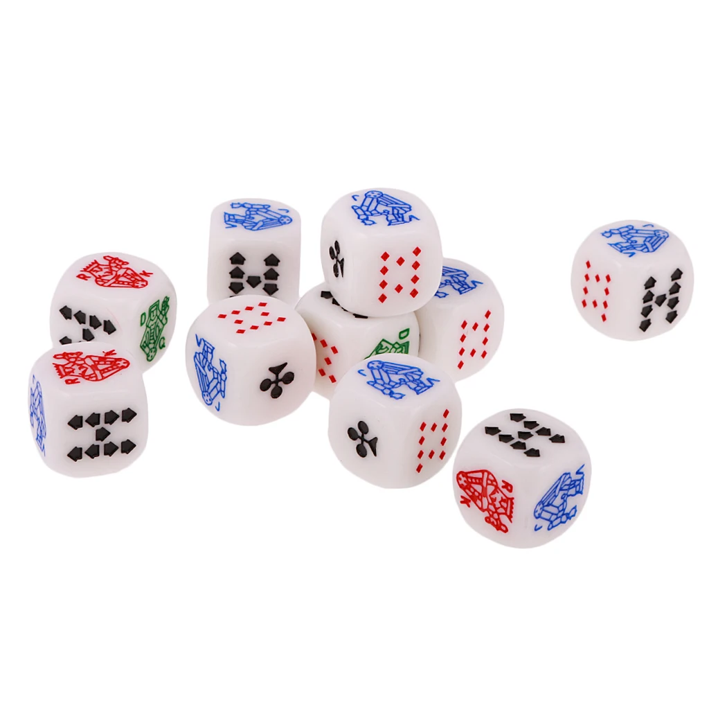 10 Pieces of Six Sided D6(Ace,King,Queen,Jack,10,9) Poker Gaming Card Game Dice