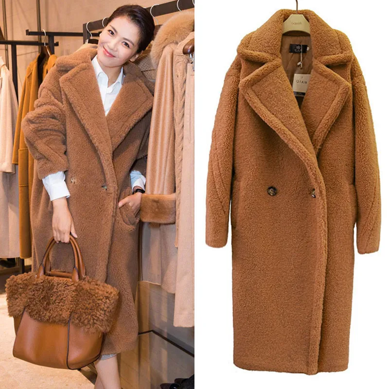 Зимнее женское пальто из овечьей шерсти, свободное теплое длинное меховое пальто, плюшевый мишка, Женское пальто из искусственного меха - Цвет: camel