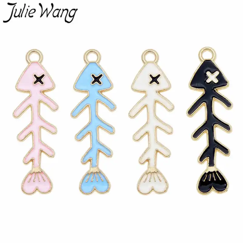 Julie Wang 8 шт. Эмаль Шарм Рыбная кость сплав золотой тон Fishbone ожерелье браслет серьги