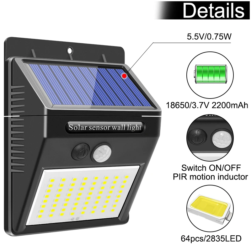 Разъемные солнечный светильник s 64 светодиода движения PIR Сенсор с тусклый светильник 2,5 м линия на открытом воздухе Водонепроницаемый сад настенный светильник дворовый фонарь
