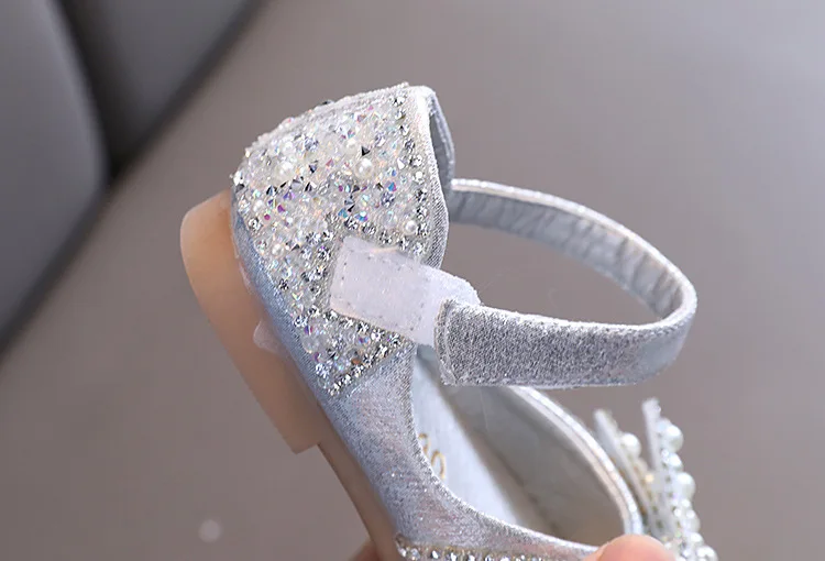 ULKNN Pink Glitter Shoes For Girls Silver Rhinestone Bowtie Doll Shoes For Children Elegant Kids Hook And Loop Leather Shoes