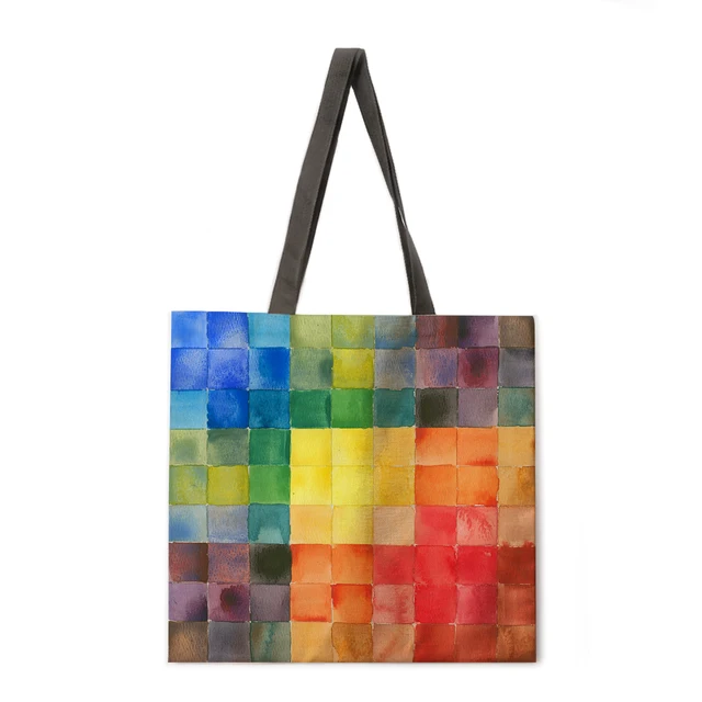 Ladies Shoulder Bag Rainbow Stripe Printing Casual Handbag Linen Fabric Handbag Reusable Shopping Bag Foldable Beach Bag Handbag 14