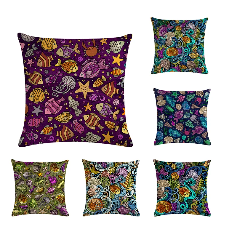 Sea Beach Starfish Shell Conch Pattern linen pillow case Summer Blue Marine life emotional appeal Decoration cushion cover | Дом и сад