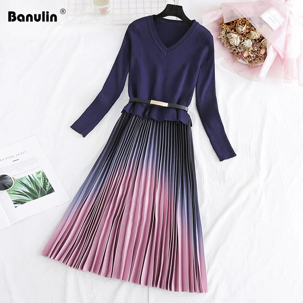 Pleated Dress Women Long Sleeve 