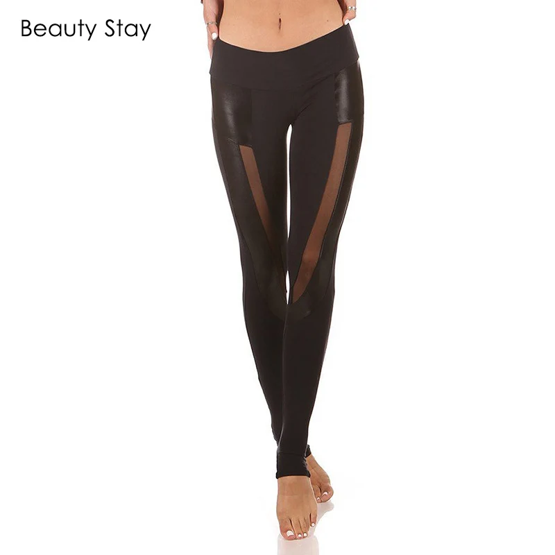 

Beauty Stay Women Leggings Stitching of Imitation Leather Pants High Waist Sports Fitness Push Up Sexy Ankle-Length Pants