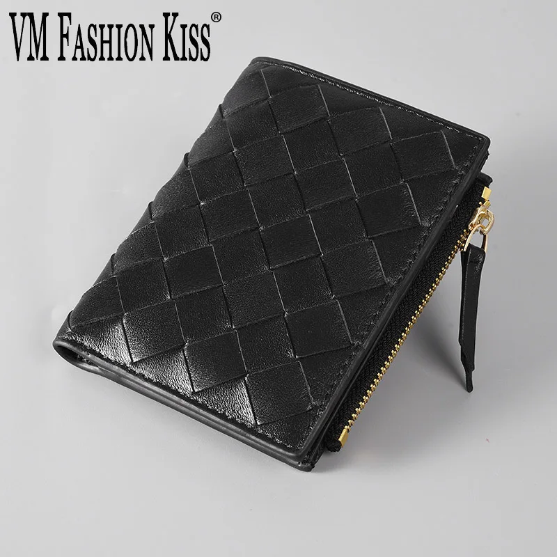 

2022 New Men/Women Wallets 100% Leather Top Baby Sheepskin Short Money Clip Small Woven Luxury Brand Wallet Simple Business