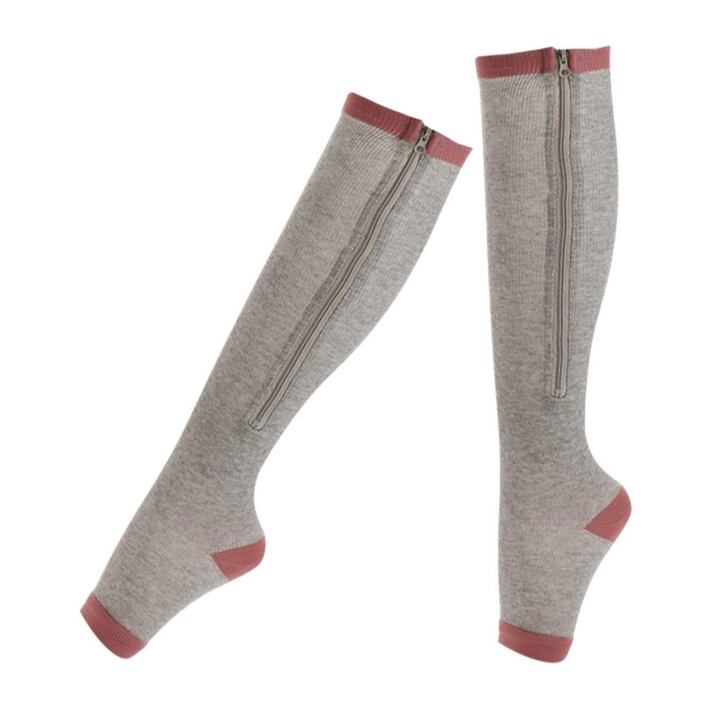 Compression Zip Up Socks Open-Toe Zipper Leg Support Knee Stocking Gray