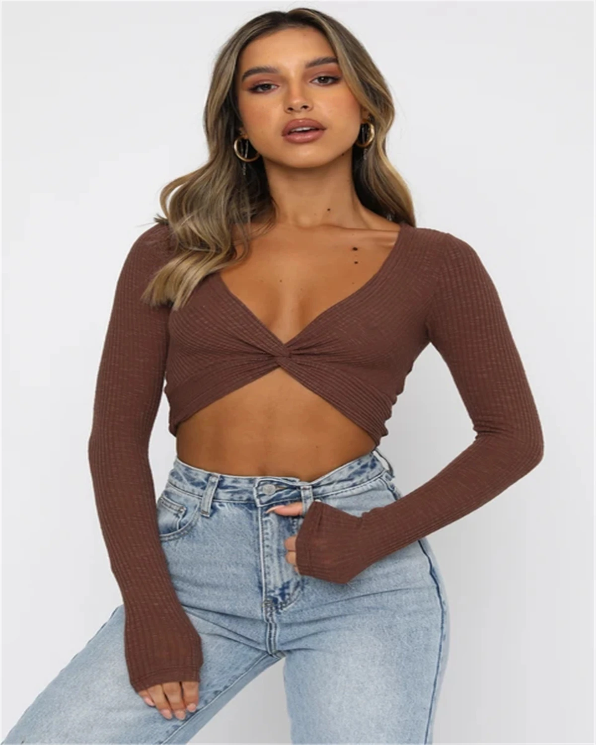 Crop Tops ajustados sexys para mujer, camiseta de larga cuello en V profundo de Color sólido, ropa de punto de primavera y - AliExpress