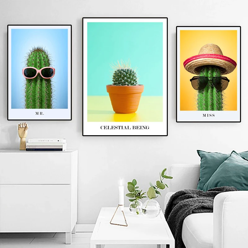 

Nordic Cartoon Green Plant Wall Art Decoration Cactus Sunglasses Canvas Paintings Poster Print Pictures for Interior Home Decor