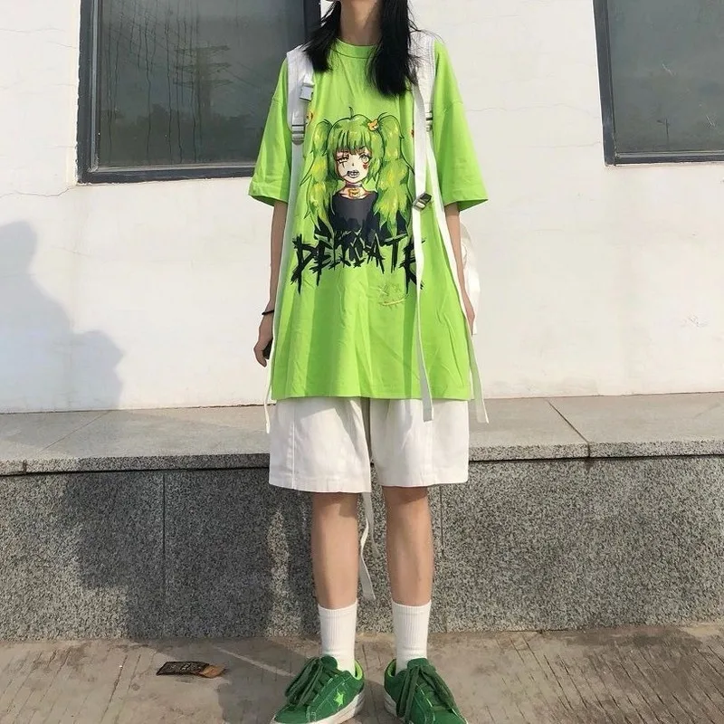 QWEEK Gothic T Shirt Women Japanese Harajuku Anime Cute Print Vintage Loose Streetwear T Shirt Femme Mall Goth Tops