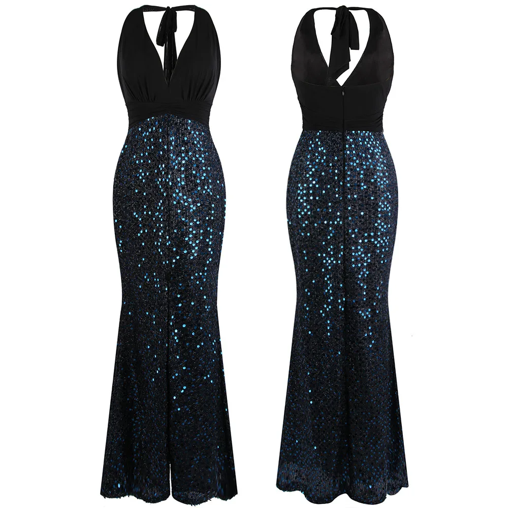Black blue sequin Angel-Fashion, женское вечернее платье с лямкой на шее, длинное, плиссированное, с разрезом, синие, с блестками, вечерние платья, официальные, черные, 484 - Цвет: Black blue sequin