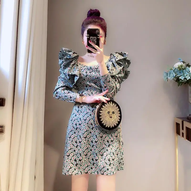 

2020 New Floral Ruffles Long Sleeve Women Short Dresses Preppy Style Back Zip-up Lady Mini Dress Size S-2XL Free Shipping