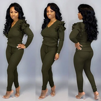

TWO PIECE SET Women Ruffle Top Ribbed Sweatshirt Stretch Tracksuit Female 2 Pcs Suit Outfits Autumn Winter Co Ord Runway Clothes