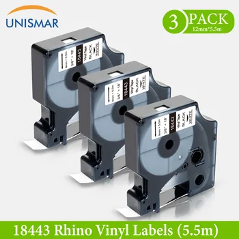 Unismar 3PK 18443 ビニールラベルテープdymo rhino黒に白のための 9 ミリメートル * 5.5 メートルラベルプリンタリボンrhinoの 1000 3000 5000 5200 4200 6000