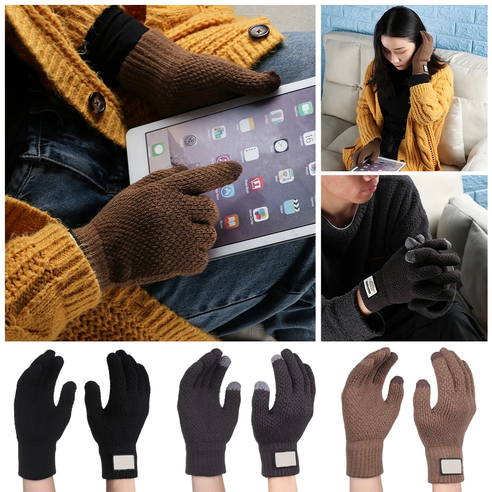 Модные мужские вязаные перчатки высокого качества с сенсорным экраном, плотные теплые шерстяные кашемировые однотонные перчатки, мужские варежки
