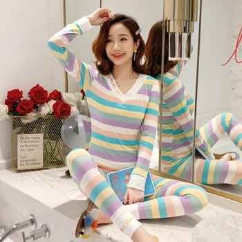 

Sexy Ladies Winter Warm Pajama Set Turtleneck Rainbow Print Long John Pants Warm Soft Cotton Body Slim Pajamas