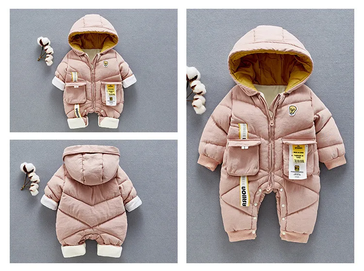 Зимний Детский комбинезон для новорожденных мальчиков, одежда г. Плотные теплые комбинезоны с капюшоном для младенцев, Детский костюм уличные комбинезоны для малышей