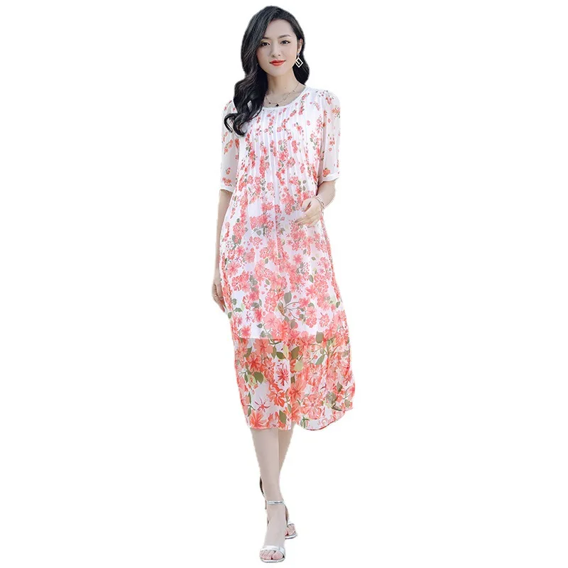 

L207HT442 New 2021 Women's Spring Clothing Elegant Temperament Loose Large Size Pleating round Neck 100% Silk Dress