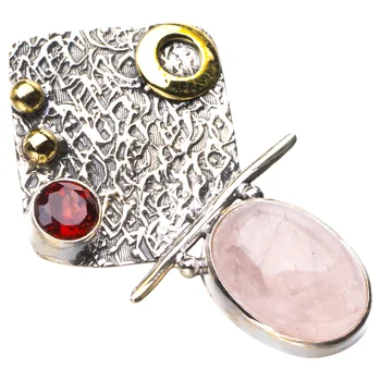 

StarGems Natural Two Tones Rose Quartz And Garnet Handmade 925 Sterling Silver Pendant 1.5" D9337