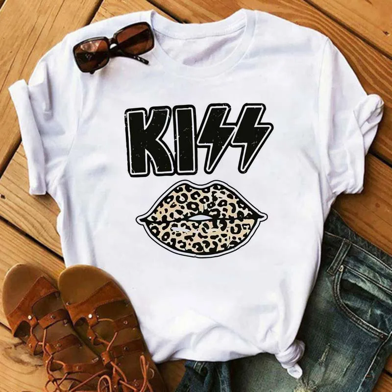 New Fashion Women's Casual Lip Printed T-Shirt Summer Short Sleeve T-Shirts Vintage Funny Leopard Lips T-Shirt Femme Black Tops t shirt Tees