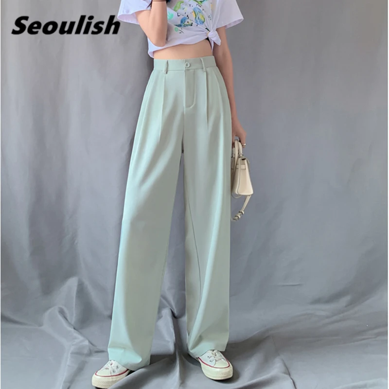Seoulish-pantalones de pierna ancha de talla grande para mujer, calzas largas elegantes de cintura alta, informales, holgados, de verano, 2021