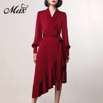 

Max Spri Elegant V Neck Full Sleeve Asymmetrical Ruffles Hem Lace Up Wrap Dress 2019 New Fashion Women Party Vestidos Claret red