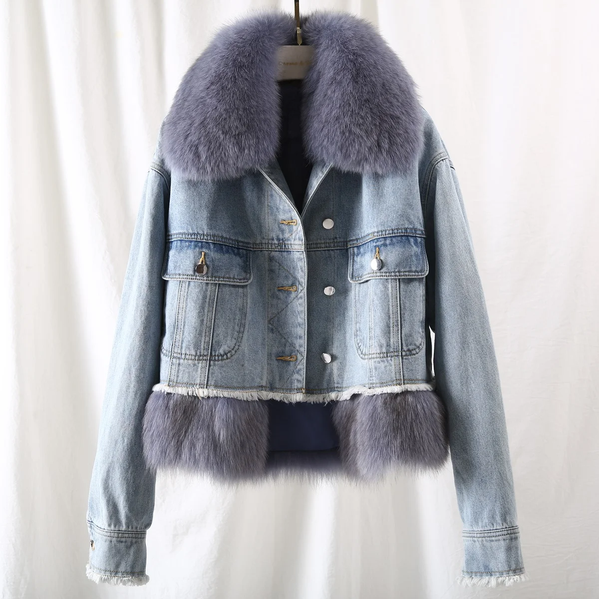 Very best  2019 Winter Jacket Women Casual Real Rex Rabbit Fur Liner Denim Coat Thick Warm Natural Fox Fur Col