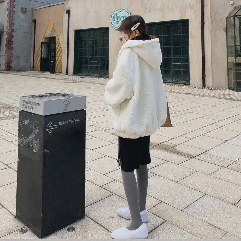 

2018 Autumn And Winter New Style Popular CHIC Lambs Wool Coat Student Loose-Fit Fluffy Hooded Coat F5643