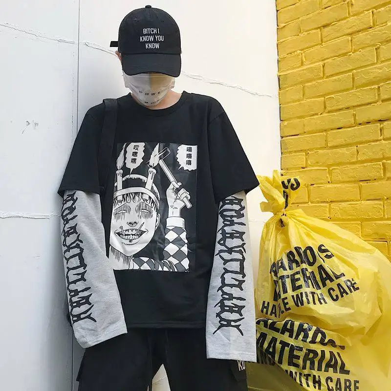 Черный T-Shirt Men Autumn New Brand Hip-Hop Letter Splicing Tee Top Fake Two Pieces Long Sleeve Streetwear Men Hip Hop T Shirt - Цвет: Черный