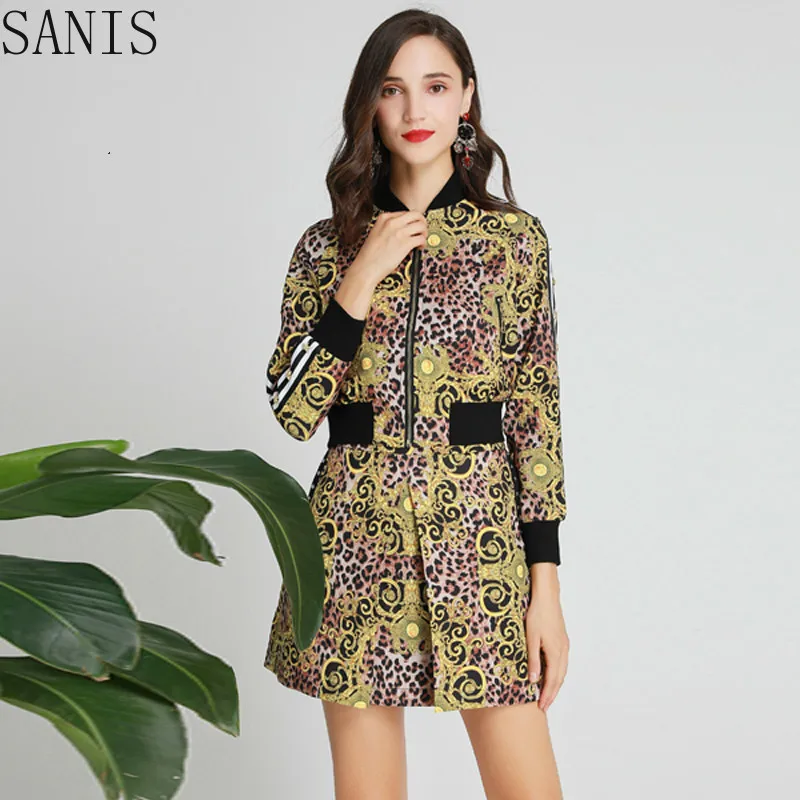 

SANIS Vintage Leopard Print Suits Women 2019 Autumn New Lantern Sleeve Zip Short Top + Mini Skirt With Pockets