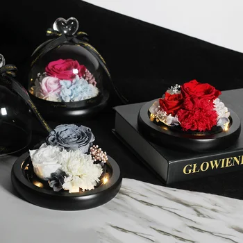 

Romantic Beauty And The Beast Eternal Carnation Rose Flower In Glass Cover With Night Light Mother's Day Gift Valentine Presents