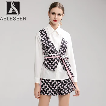 

AELESEEN New Design 2020 Runway Design Letter Print Twinset Office Lady Luxury Patchwork Blouse With Sashes + Shorts Suit Women