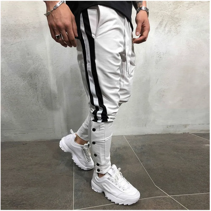 Men Track Pants NEW Fashion Hip Hop Fitness Streetwear Trousers Striped Drawstring Joggers Sweatpants Pantalon Homme - Цвет: white