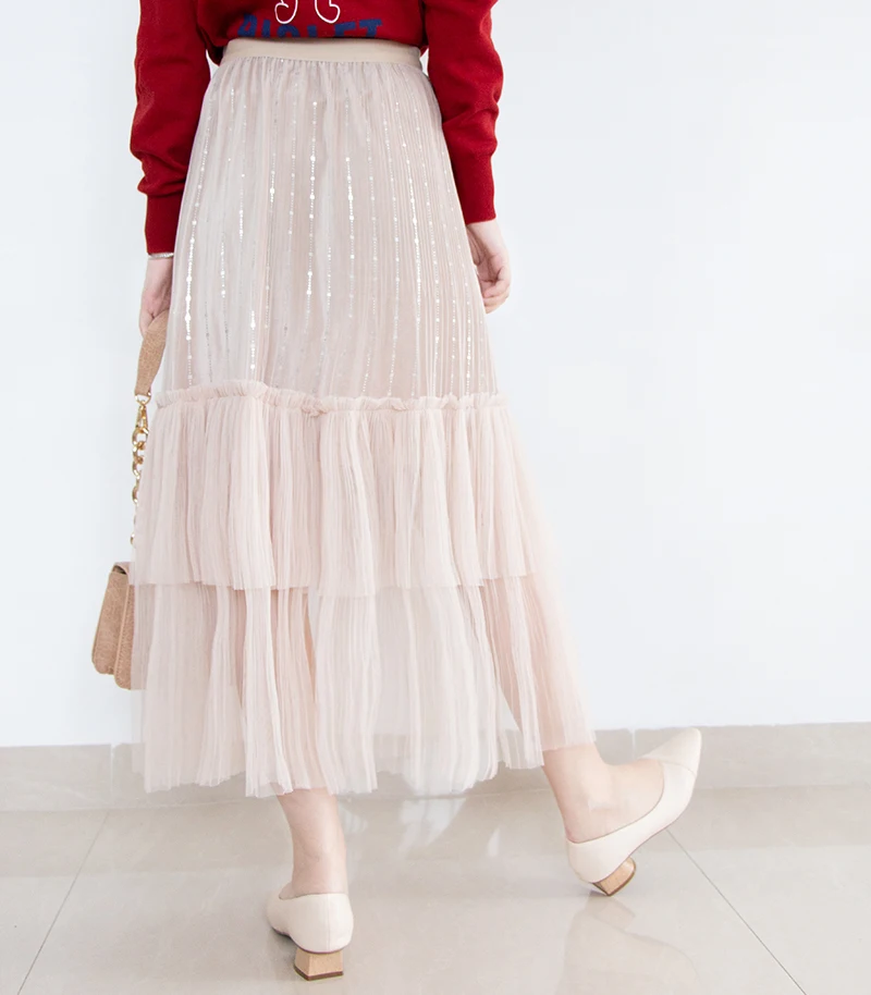 REALEFT High Waist Elastic Midi Skirts New Arrivals Autumn Spring Mesh Patchwork Fashion Pleated Skirts Female