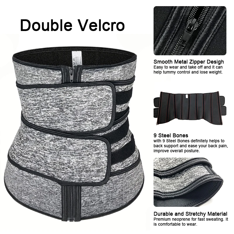 Double Velcro-Gray XS-6XL корсет для талии, пояс для сауны, пояс для похудения, спортивный пояс с молнией, поясничный пояс, моделирующий тренировку - Цвет: Double Velcro-Gray