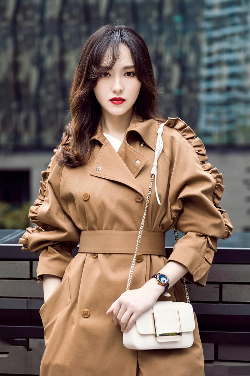 

2019 Autumn And Winter Star Tang Yan Celebrity Style Flounced Double Breasted Retro England Trench Coat Middle Long Coat