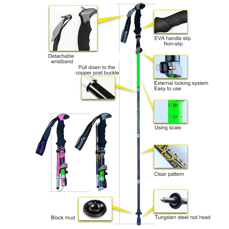 H Portable Outdoor climbing trekking pole Folding Hiking Stick Cane Trekking Poles Anti-Skid Handle Walking Sticks