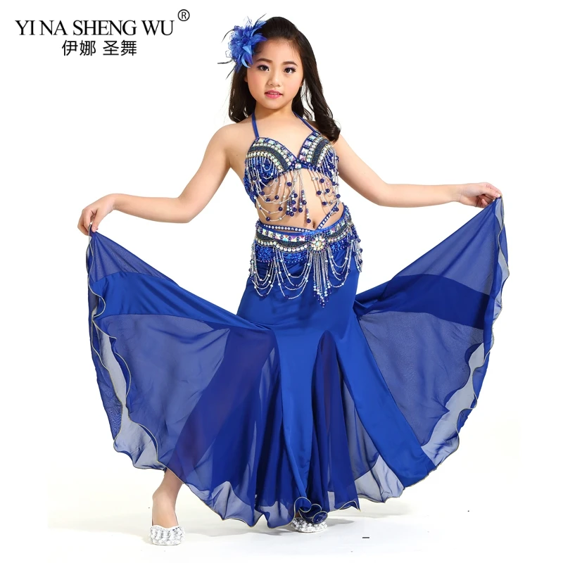 Blue-Bra-Belt-Skirt Детские танцевальные костюмы, комплект для девочек, Восточный танец живота, расшитый бисером, с кисточками, новая детская одежда для сцены, танцевальная одежда, комплект из 2 предметов/3 шт - Цвет: Blue-Bra-Belt-Skirt