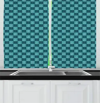 

Dark Turquoise Seafoam Abstract Kitchen Curtains Repetitive Square Spirals Pattern Eastern Details for Kitchen Cafe Decor