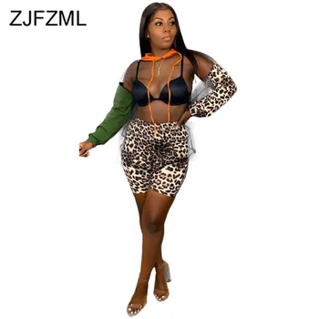

Leopard Autumn Two Piece Matching Sets Women Clothes Hooded Long Sleeve See Through Mesh Tops + Bodycon Shorts Sexy Club Outfits