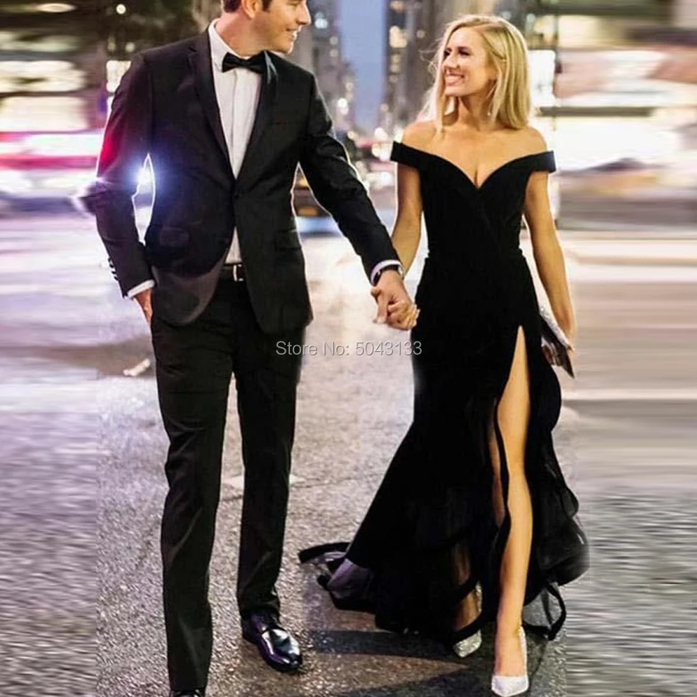

Sexy Off the Shoulder High Slit Prom Dresses V Neck Velvet Formal Prom Evening Gowns vestido de festa Floor Length Party Dress