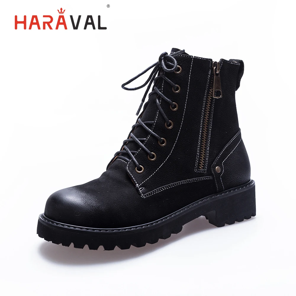 

HARAVAL Fashion Martin Woman Ankle Boots Luxury Genuine Leather Retro Round Toe Low Heels Shoes Solid Lace-up Zipper Boot B228