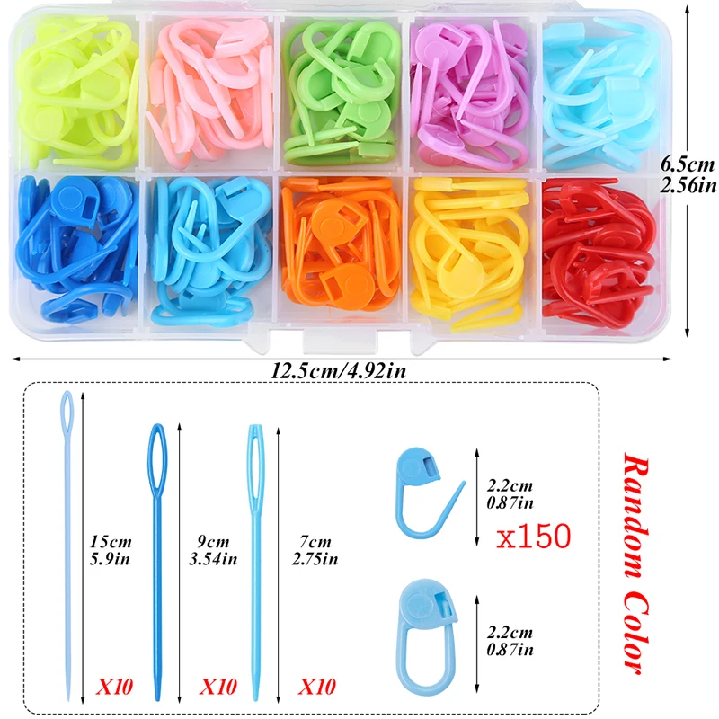 LMDZ 30Pcs Single Pointed Knitting Needles Large Eye Plastic Needles +150Pcs Locking Stitch Markers DIY Sewing Accessories
