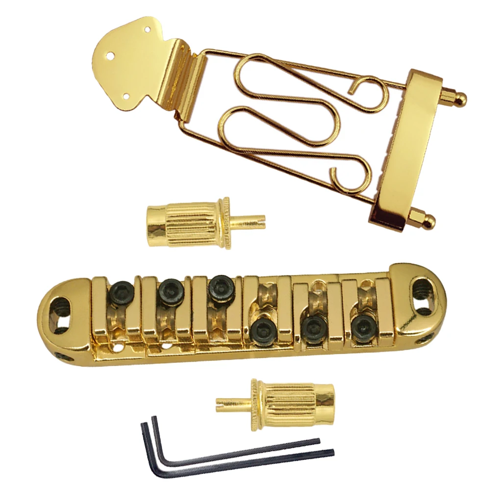 1 Pack Zinc Alloy Jazz Guitar String Tailpiece with Roller Saddle Bridge Golden/Black Saddle, Gold