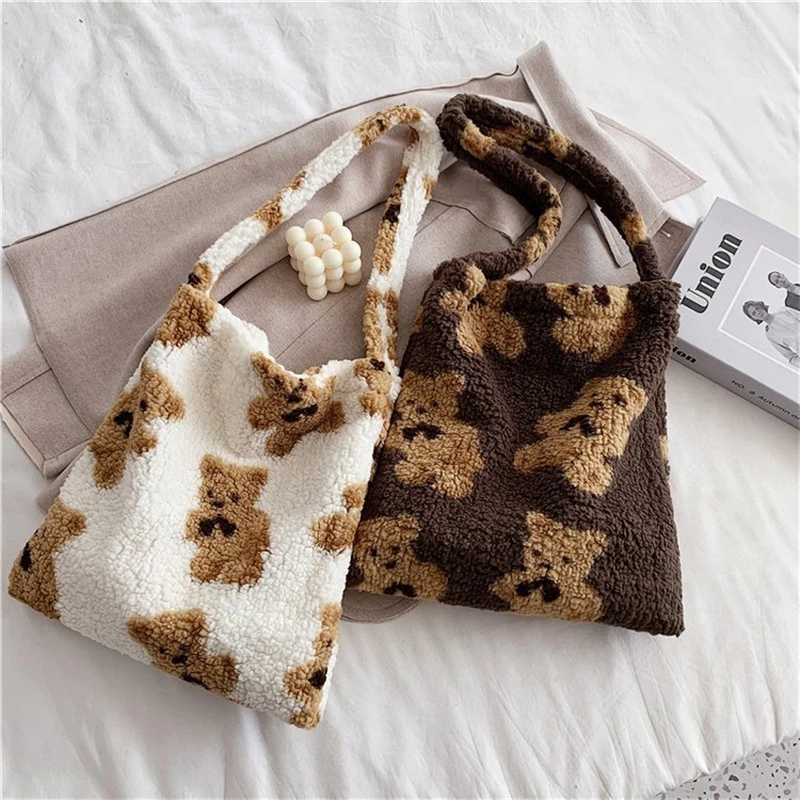 Women Lamb Like Fabric Shoulder Bag Autumn Winter Plush Cartoon Bear Handbags Large Capacity Shopping Bags Girls Cute School Bag