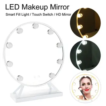 

Mirror Round Cosmetic Mirror With 9 LED Bulbs, Golden Makeup Mirror Lighted Large Table Makeup Mirror Dimmable Touch Control