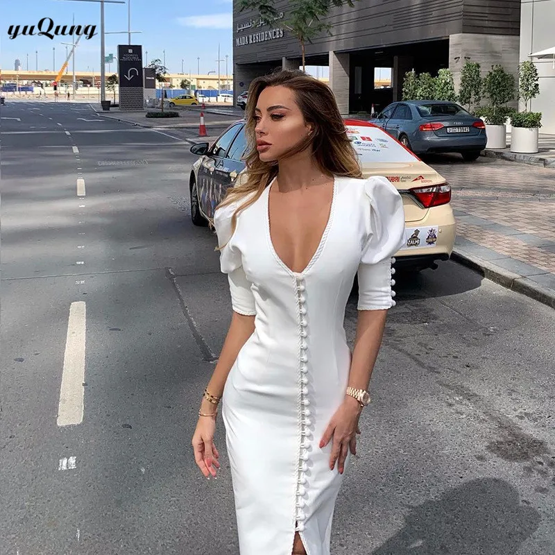 

yuqung ladies Button v neck bandage Dress white 2019 Elegant Design Women puff sleeve bodycon sheath split party Midi Dress