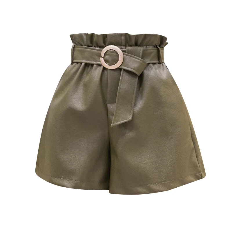 REALEFT Autumn Winter PU Leather Short Belt High Waist Vintage Black Wide Leg Pants Casual Short Pant Female Pocket New