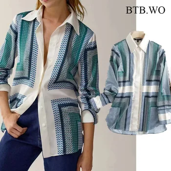 

BTB.WO Women 2020 Fashion Fine Lines Printed Loose Blouses Vintage Long Sleeve Button-Up Female Shirts Chic Tops